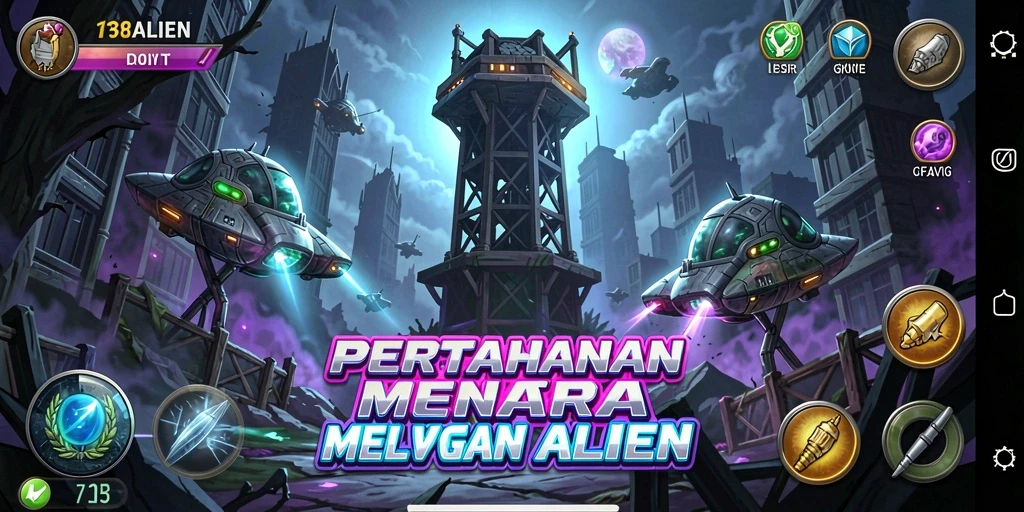 Screenshot gameplay 138ALIEN menampilkan pertempuran Tower Defense yang seru.