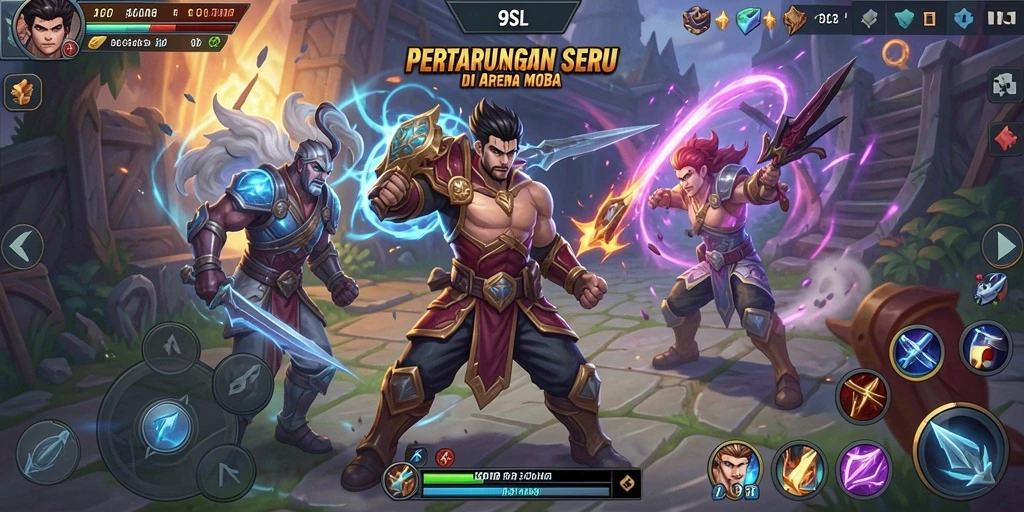 Tangkapan layar gameplay seru di arena MOBA 9SL.