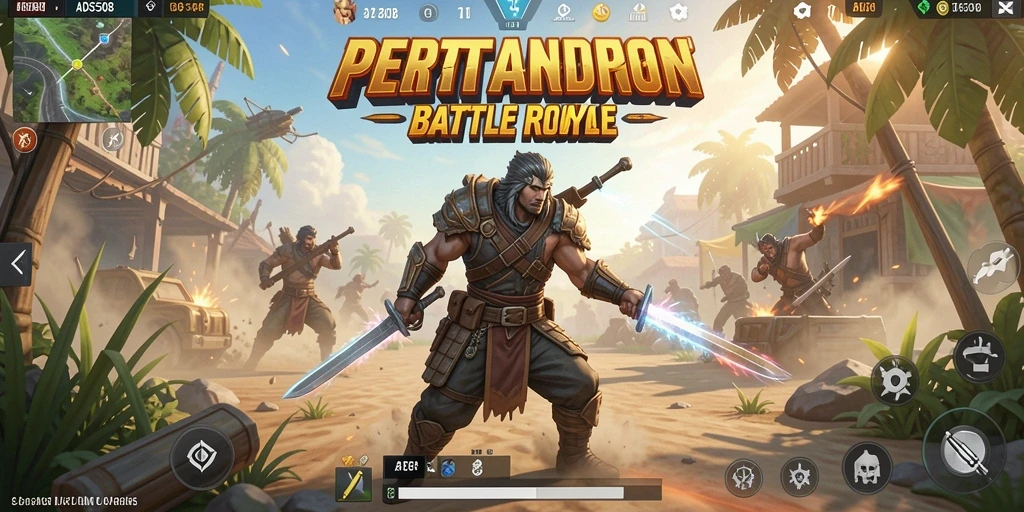 Screenshot utama menunjukkan aksi seru di medan perang Battle Royale.