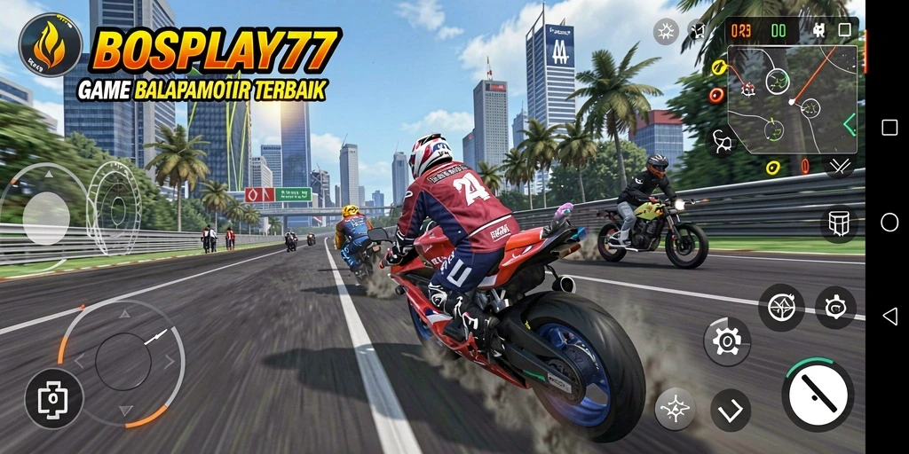 Screenshot gameplay <strong>BOSPLAY77</strong> yang menampilkan aksi balapan motor yang nyata.
