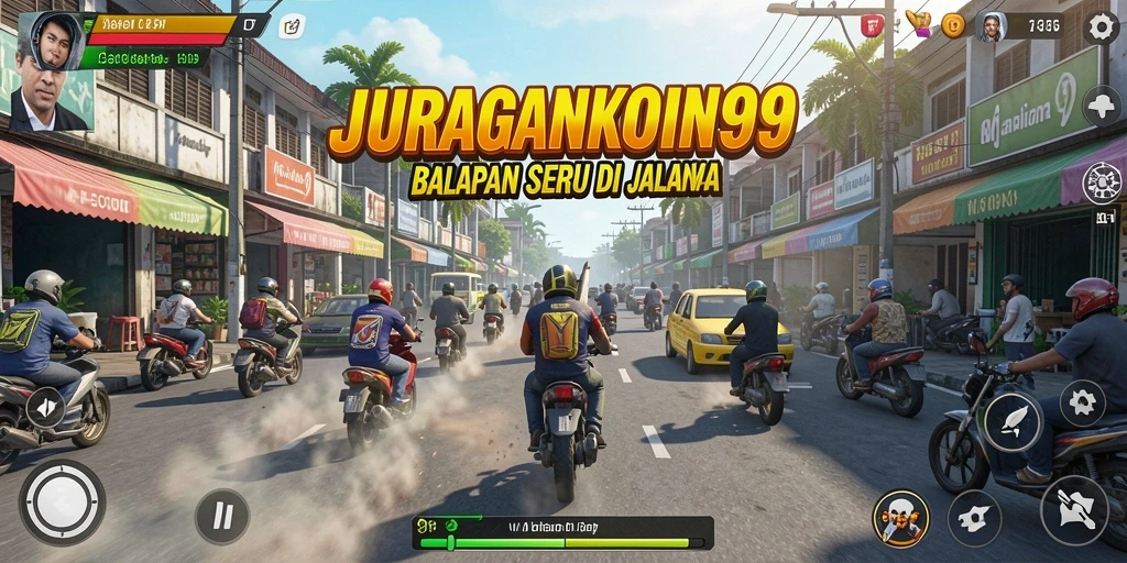 Screenshot game JURAGANKOIN99 menunjukan aksi balapan yang mendebarkan.