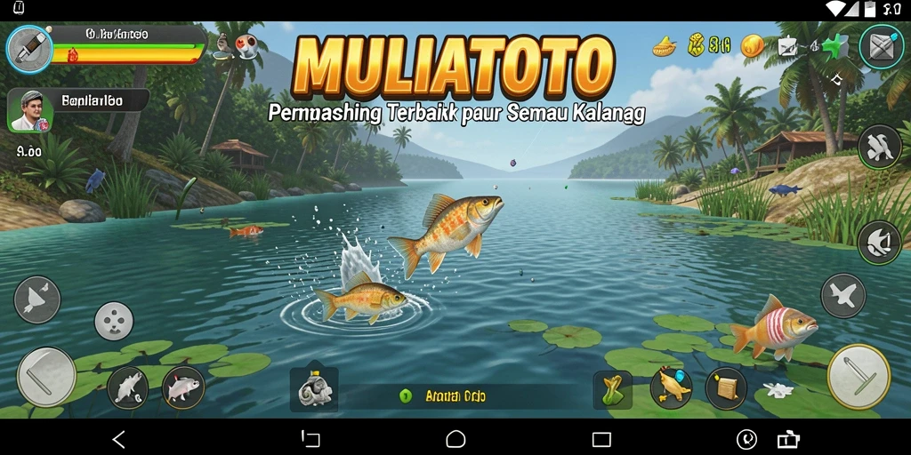 Tampilan permainan MULIATOTO dengan berbagai jenis ikan di danau.