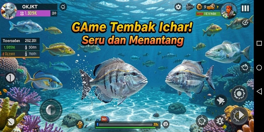 Tampilan gameplay seru di OKJKT dengan ikan berwarna-warni.