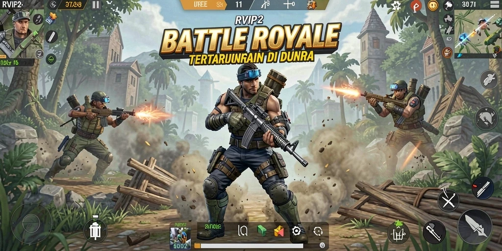 Tangkapan layar utama RVIP2 menampilkan pertarungan seru Battle Royale.