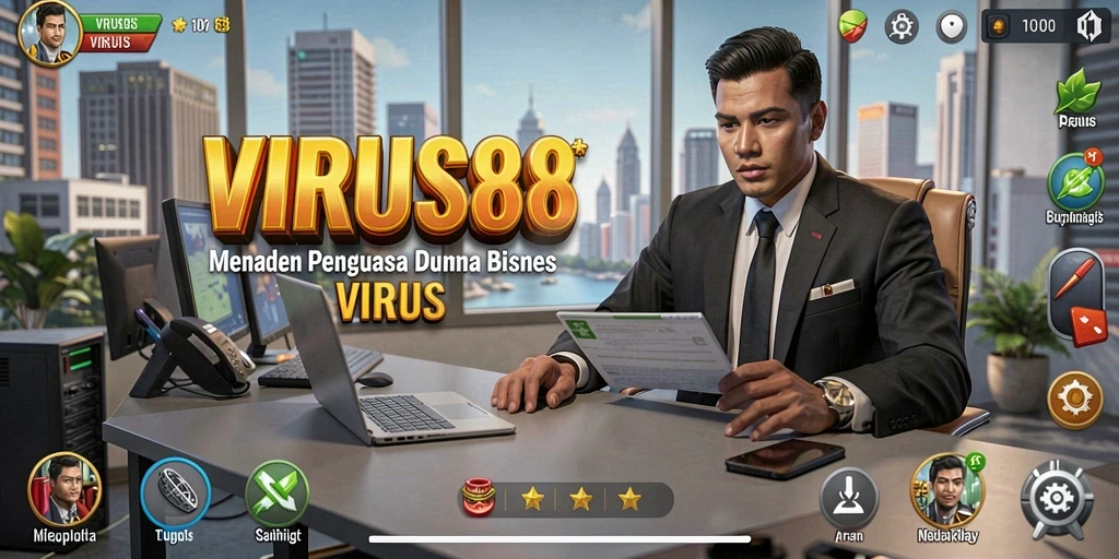 Screenshot gameplay VIRUS88 menunjukkan strategi bisnis yang menarik.